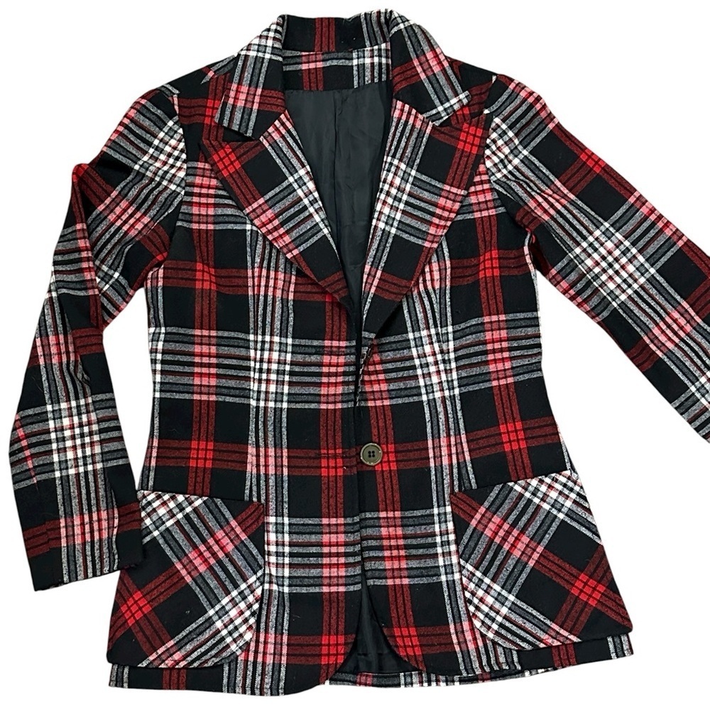 Vintage Plaid Red Black White Blazer Wool blend Sz Small A300